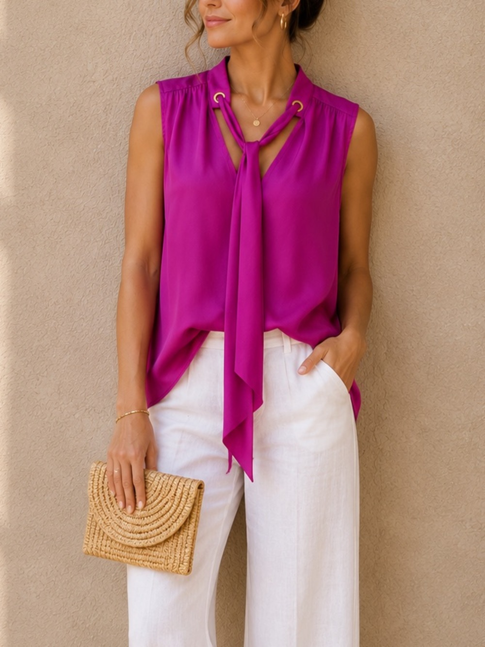 Jennifer Lopez Fuchsia Magenta Tie Neck Sleeveless Blouse Career Top Medium